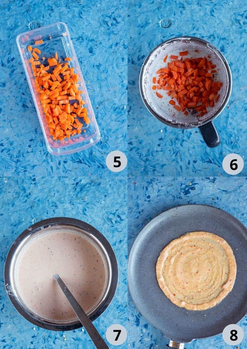 4 image collage showing how to make the batter for Oats Carrot Dosa