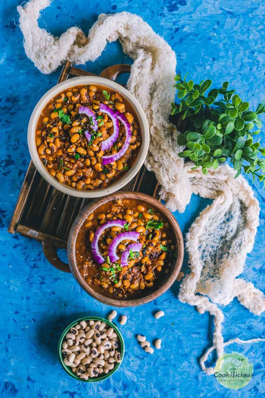 Chettinad Black Eyed Peas Curry filled in 2 round serving bowls
