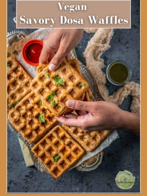 a set of hands holding one Vegan Savory Dosa Waffle and text at the top