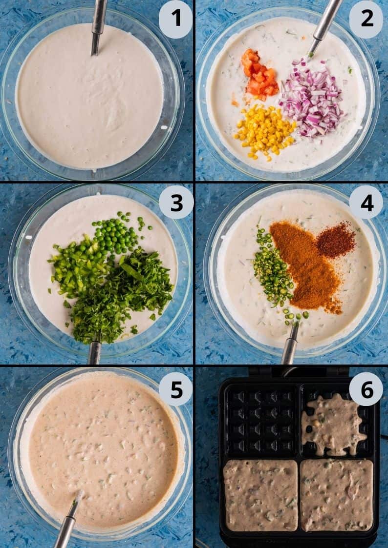 6 image collage showing how to make Vegan Savory Dosa Waffles