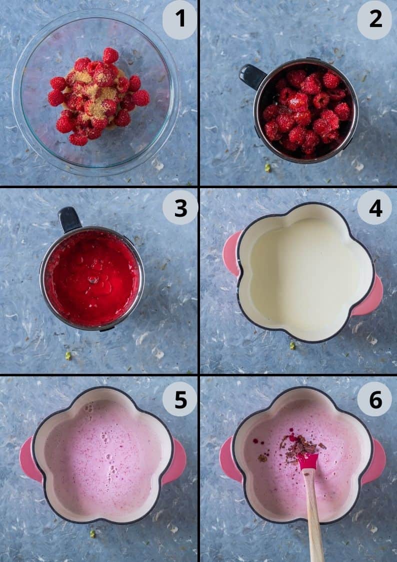 6 image collage showing how to make Vegan Raspberry Rose Hot Chocolate