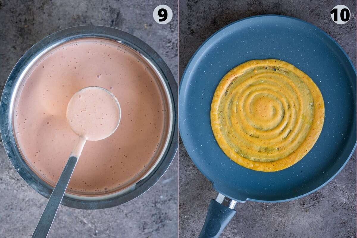 2 image collage showing how to spread oats dosa batter on a hot dosa tawa to make thin crepes.