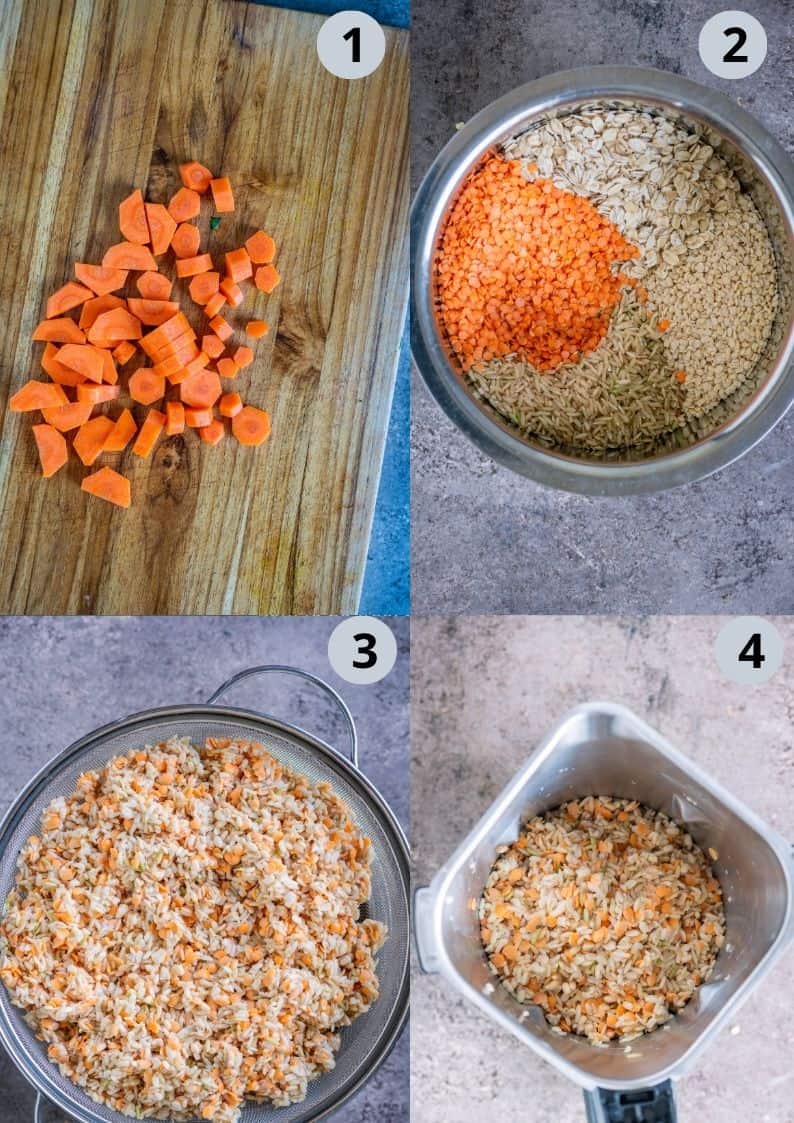4 image collage showing how to make instant oats dosa with carrots.