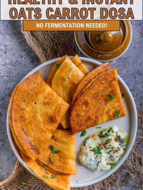 Serving carrot oats dosa with chutney and text at the top and bottom.