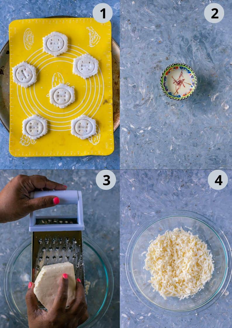 4 image collage showing how to prep for making paneer gujiyas