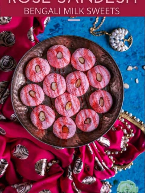 Rose Sandesh - Bengali Sweet Recipe served in a round plate and text at the top