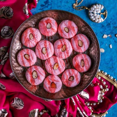Rose Sandesh - Bengali Sweet Recipe served in a round plate
