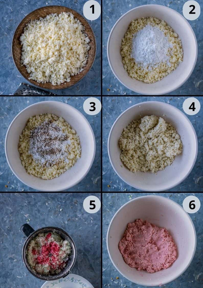 6 image collage showing how to make Rose Sandesh - Bengali Sweet Recipe