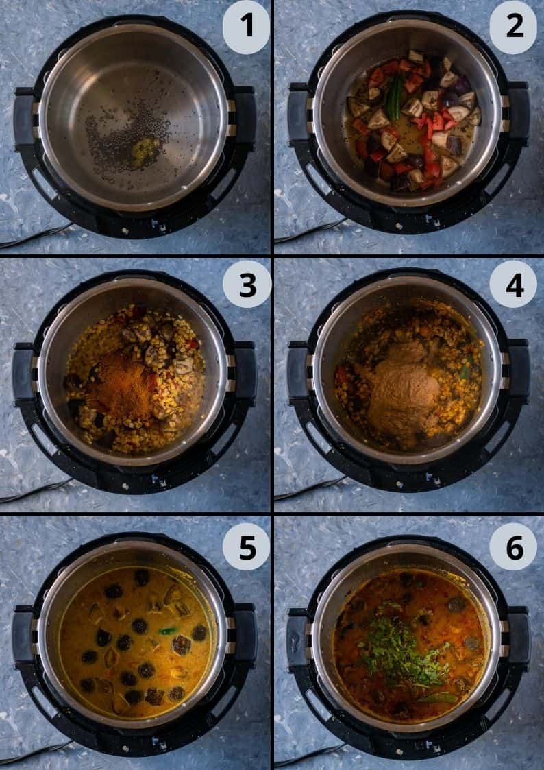 6 image collage showing how to make Arachuvitta Sambhar in the Instant Pot
