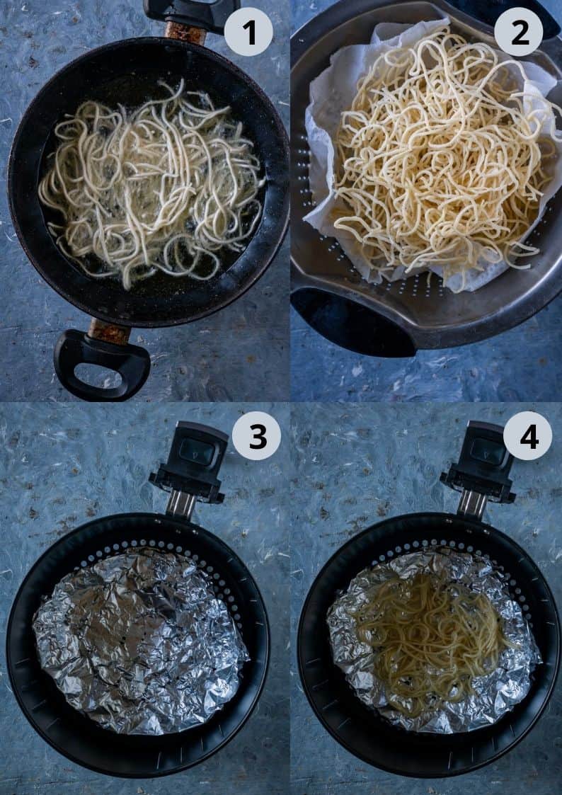 4 image collage showing how to fry the noodles in two different ways