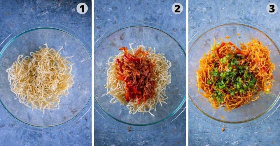3 image collage showing how to assemble the Crispy Noodles Salad
