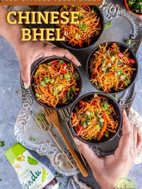 2 different hands reaching out to pick up one bowl of Chinese Bhel each and text at the top left