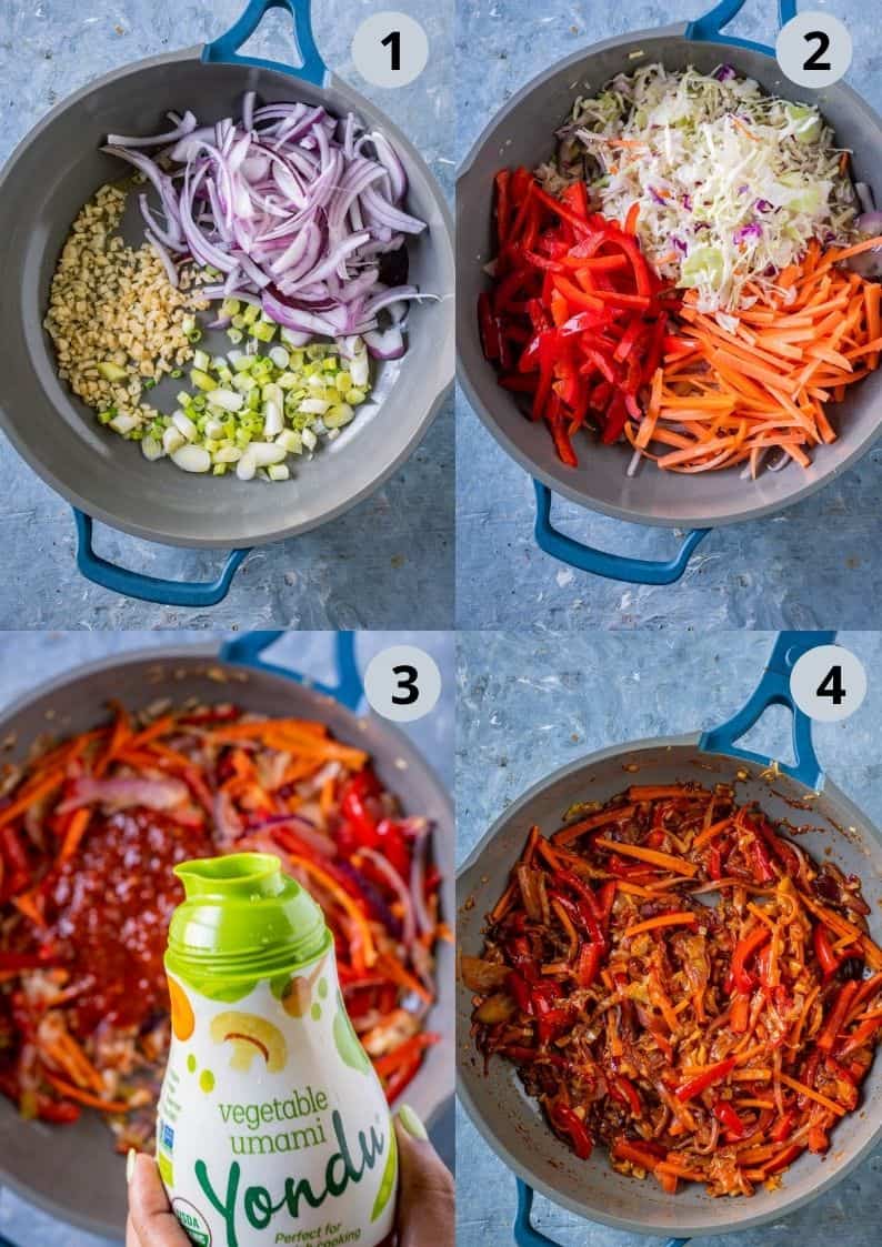 4 image collage showing how to prep the veggies for Chinese Bhel