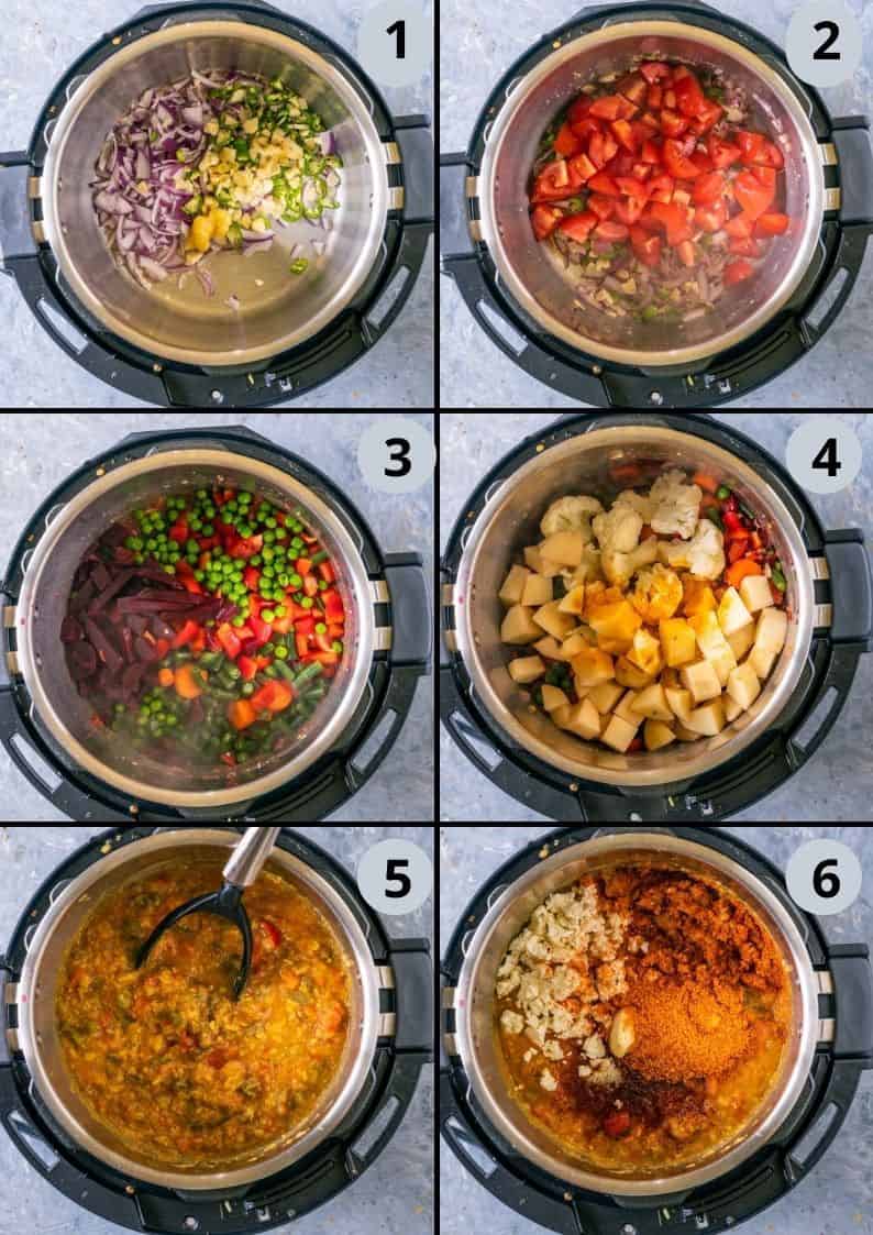 6 image collage showing how to make pav bhaji in the Instant Pot 