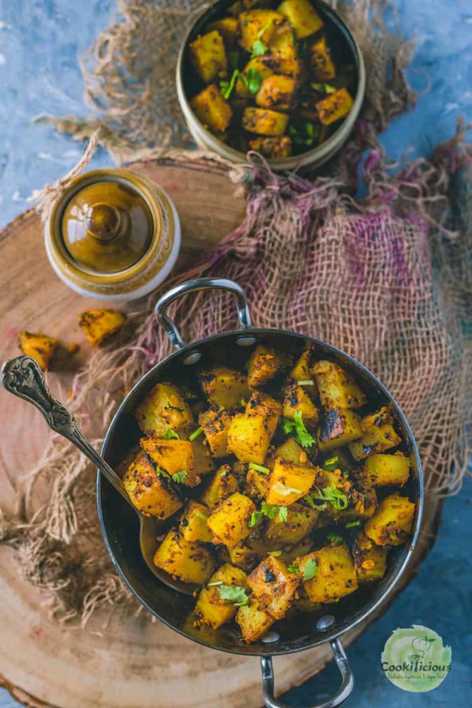 South Indian Spicy Potato Curry in a small kadai