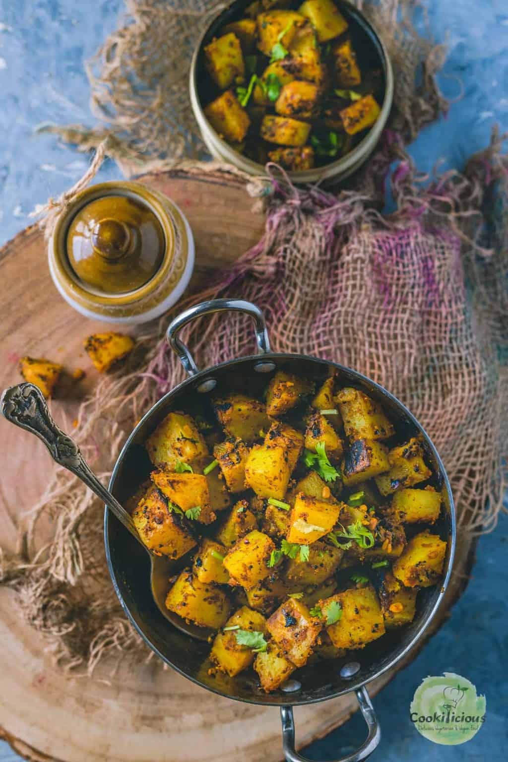 South Indian Spicy Potato Curry in a small kadai