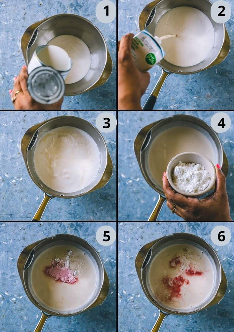 6 image collage showing how to make Vegan Rose Basundi