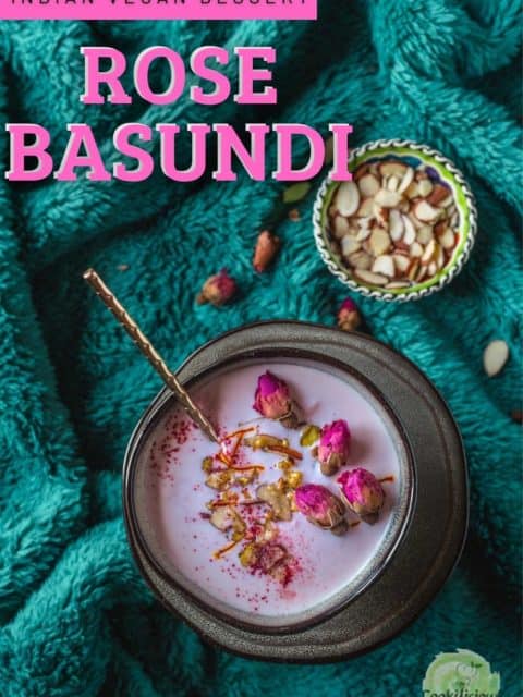 a bowl of Vegan Rose Basundi with a spoon in it and text at the top left