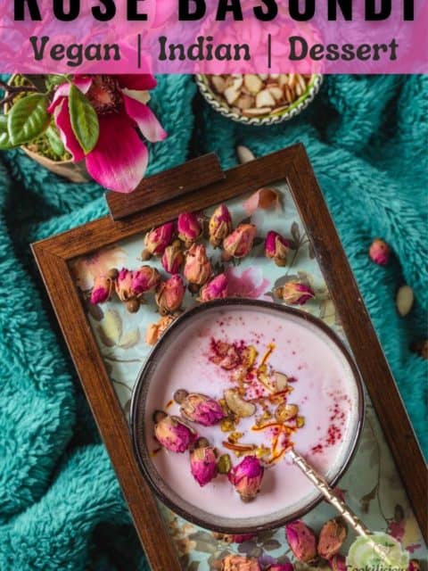 Vegan Rose Basundi served in a floral tray and text at the top