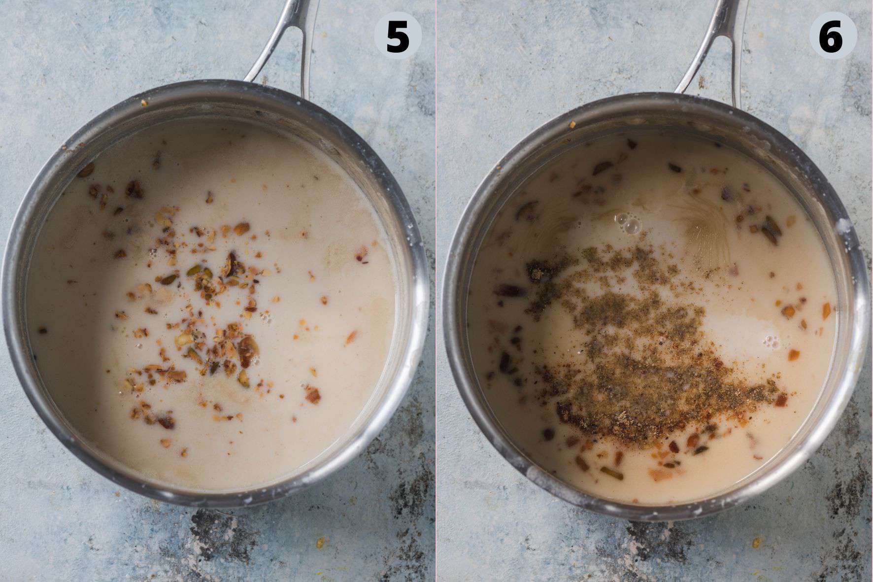 2 image collage showing the steps to make rose-flavored Basundi at home.