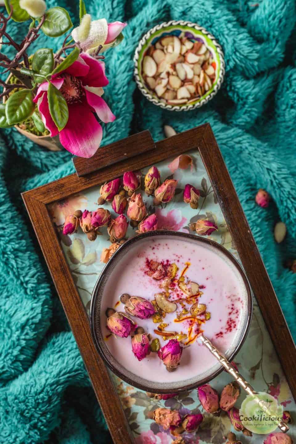 Vegan Rose Basundi  served in a floral tray