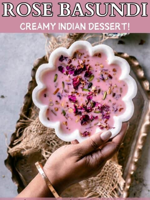 A hand placing a bowl filled with Vegan Rose Basundi on a tray and text at the top and bottom.