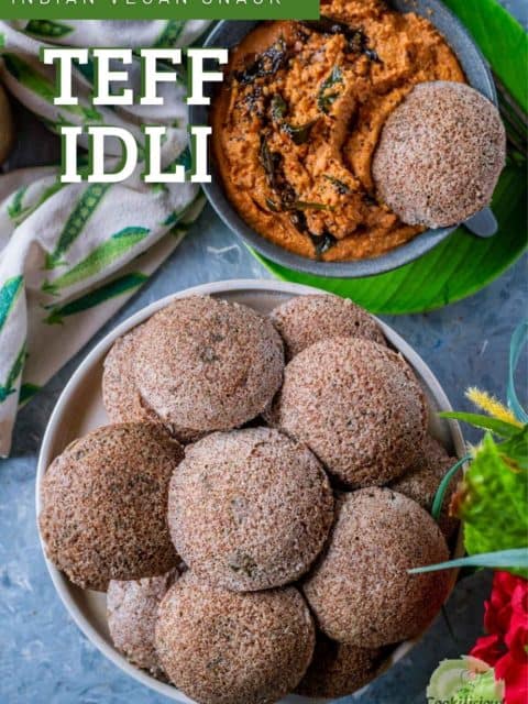 a bowl of Teff Idli With Beet Leaves served with chutney and text at the top left