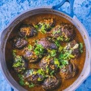 Bharli Vangi cooked in a pan