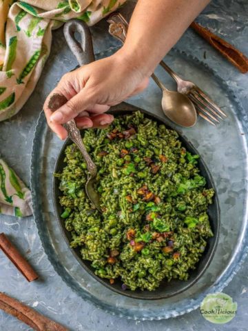 Top view of palak rice in bowl