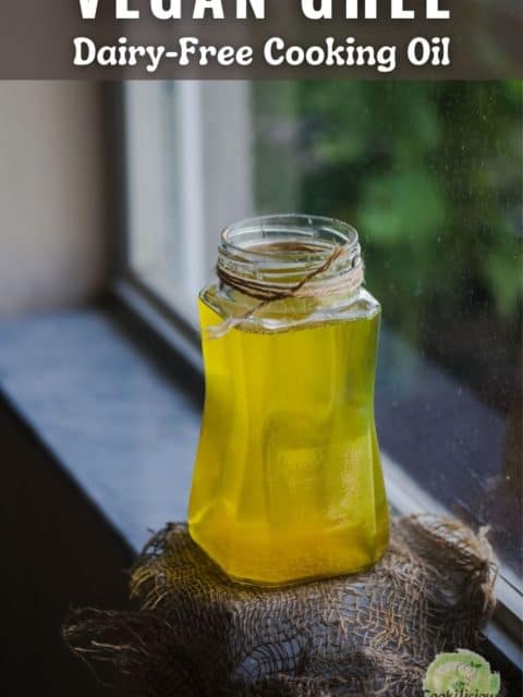 Vegan ghee in a jar placed on the window sill and text at the top