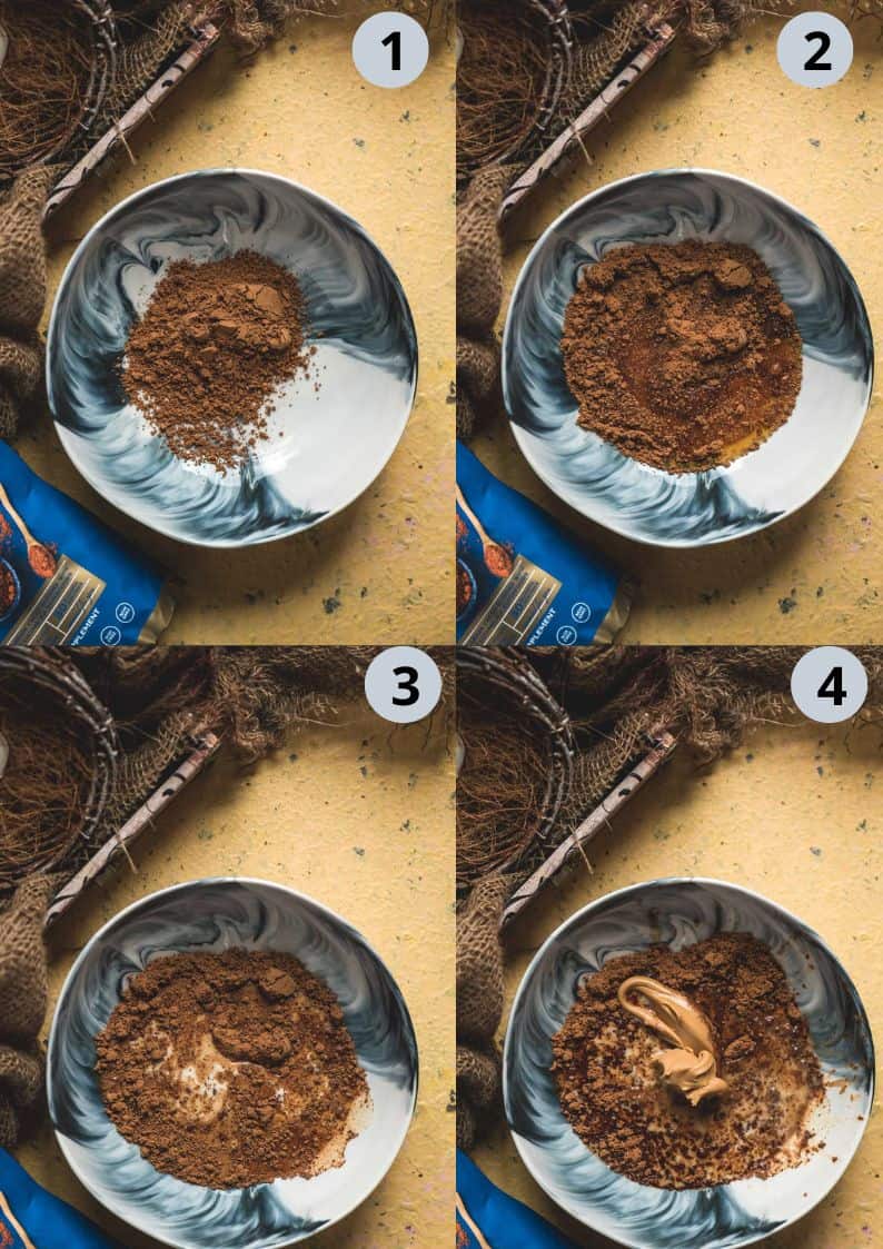 4 image collage showing the steps to make Vegan Chocolate Macadamia Bars 