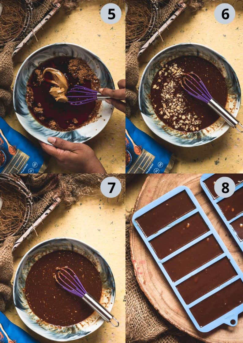4 image collage showing how to make Vegan Chocolate Macadamia Bars