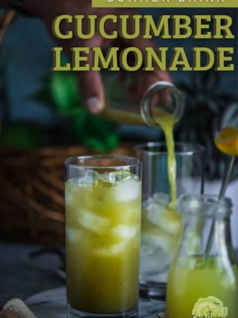 one tall glass filled with Cucumber Lemonade with text at the top