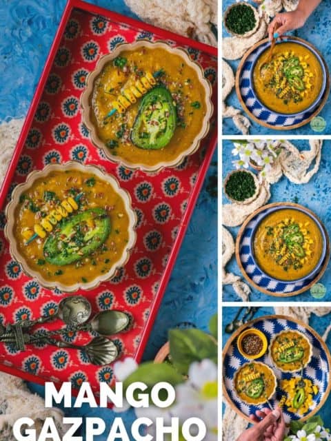 4 image collage of mango gazpacho with text at the top and bottom