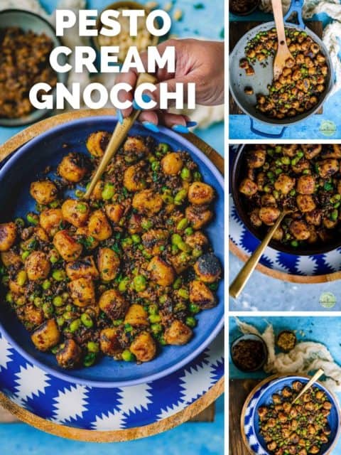 4 image collage of Sun Dried Tomato Pesto With Vegan Gnocchi with text at the top left