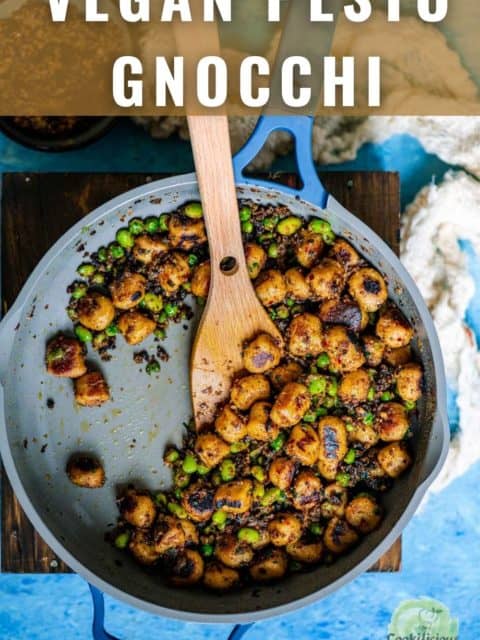 Sun Dried Tomato Pesto With Vegan Gnocchi in a pan and text at the top