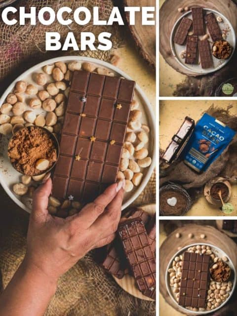 4 image collage of Vegan Chocolate Macadamia Bars with text at the top left
