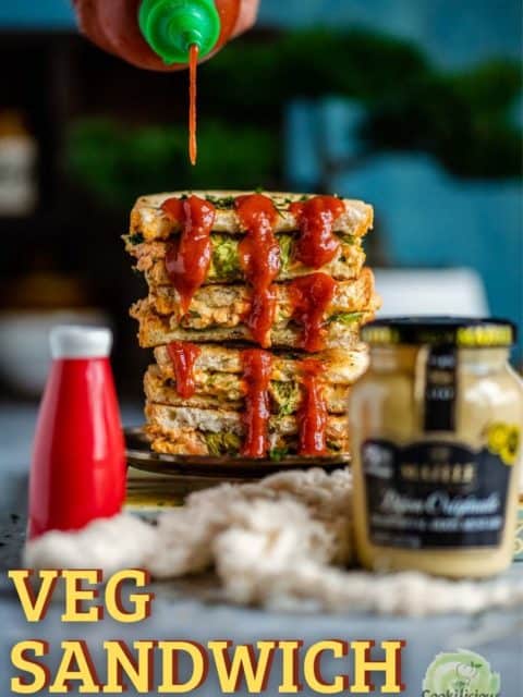 sauce being poured on a stack of Veggie Sandwiches and text at the bottom