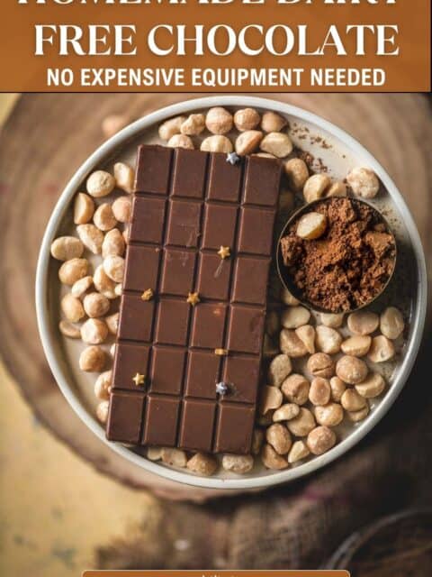 Pinterest pin for homemade dairy-free chocolate bar with no expensive equipment needed, showing a bar on a plate with macadamia nuts and cacao powder.