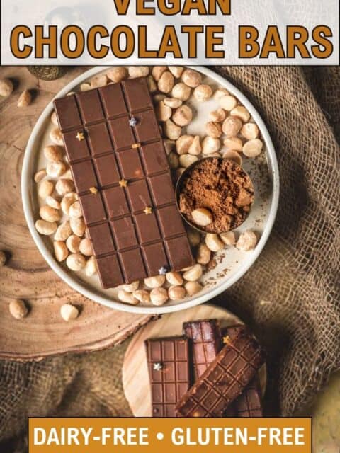 Pinterest pin for vegan chocolate bars labeled dairy-free and gluten-free, with a whole bar and cut pieces on a wooden board.