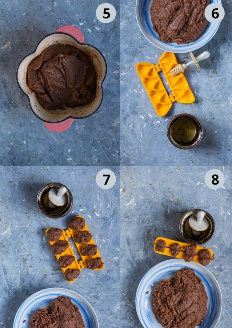 4 image collage showing the steps to make chocolate modak using a mold