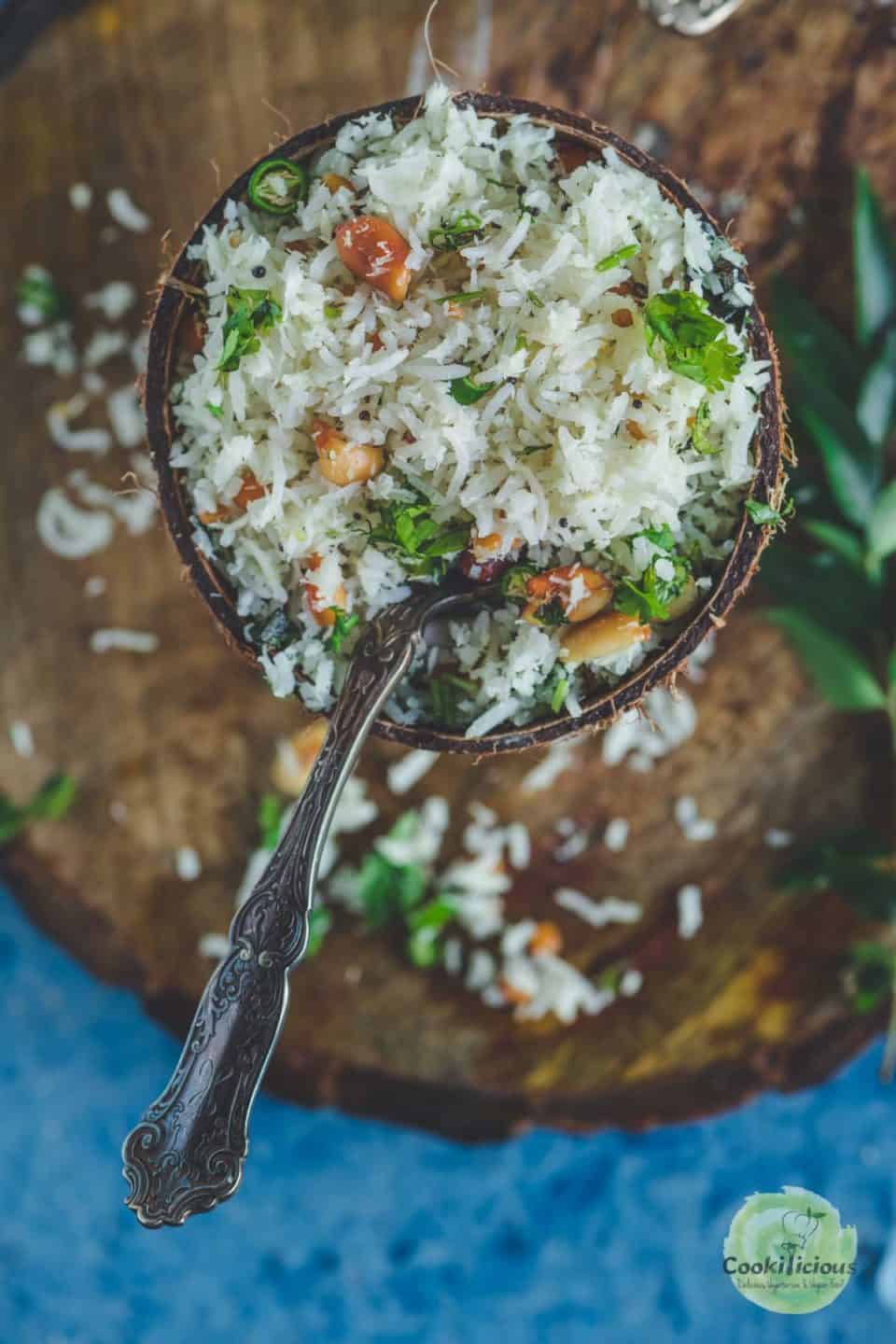top view of South Indian Coconut Rice served in a bowl