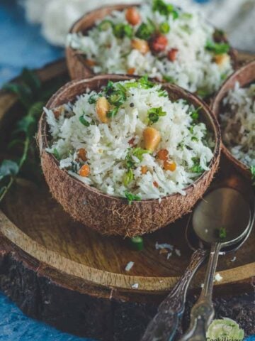 South Indian Coconut Rice served in a coconut shell