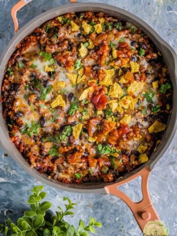 Vegan Mexican casserole with gnocchi served in a skillet