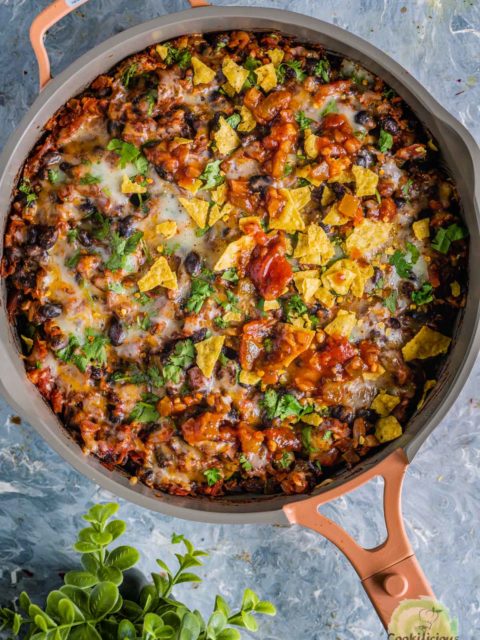 Vegan Mexican casserole with gnocchi served in a skillet