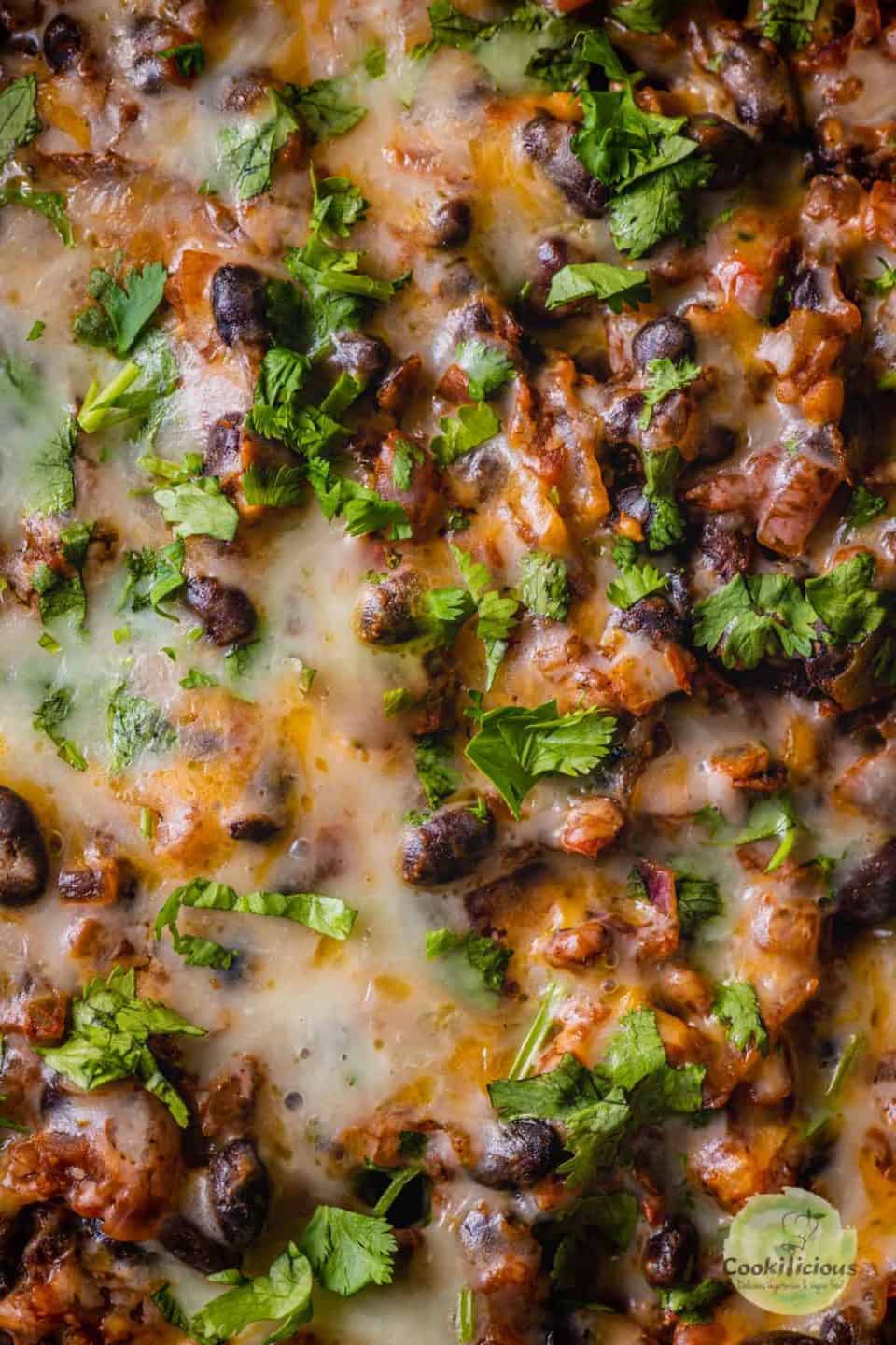 extreme close up of Vegan Mexican casserole