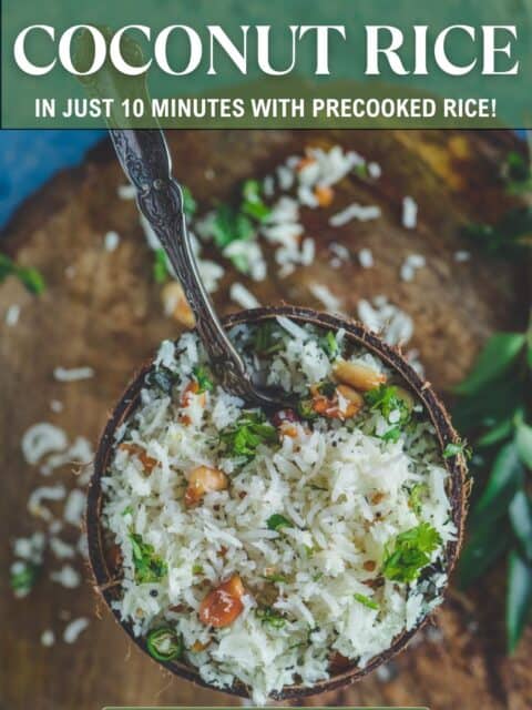South Indian Coconut Rice served in a bowl with a spoon in it and text at the top and bottom.