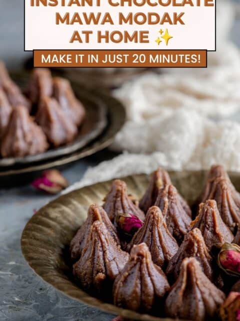 Pinterest pin graphic reading "Instant Chocolate Mawa Modak At Home, Make It in Just 20 Minutes" over a plate of chocolate modak garnished with rose buds.