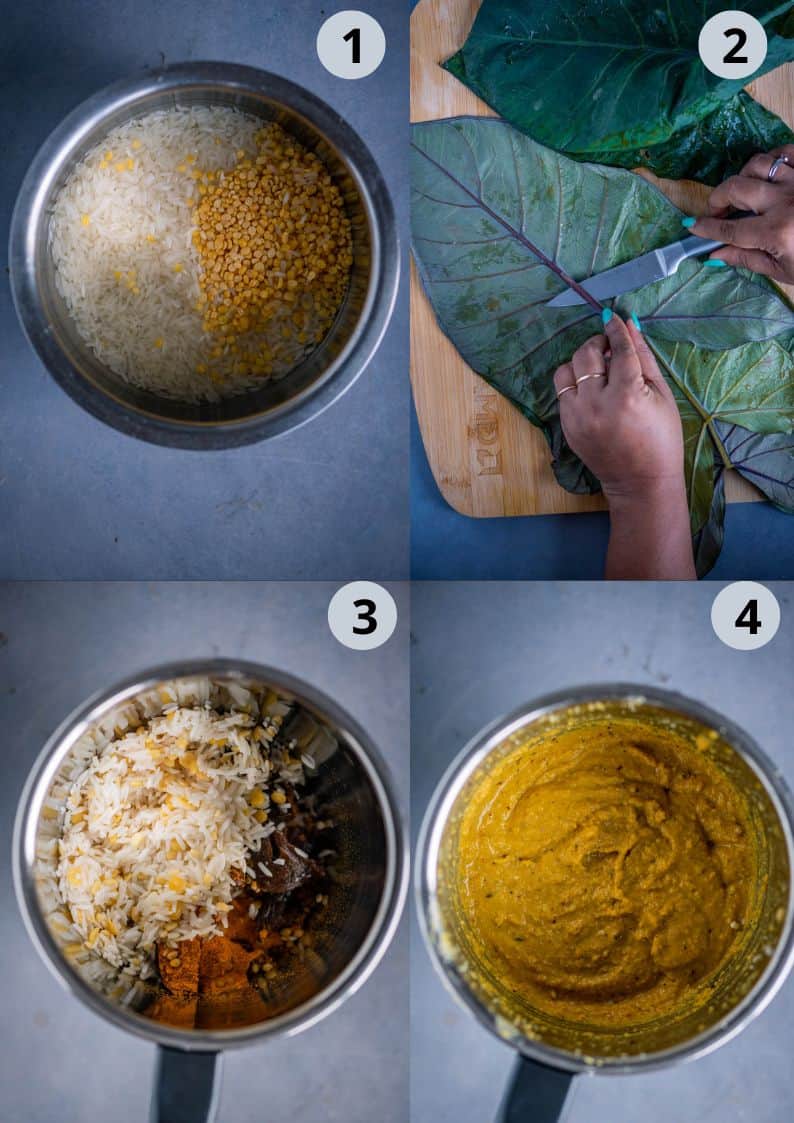 4 image collage showing the steps to prep for making patra