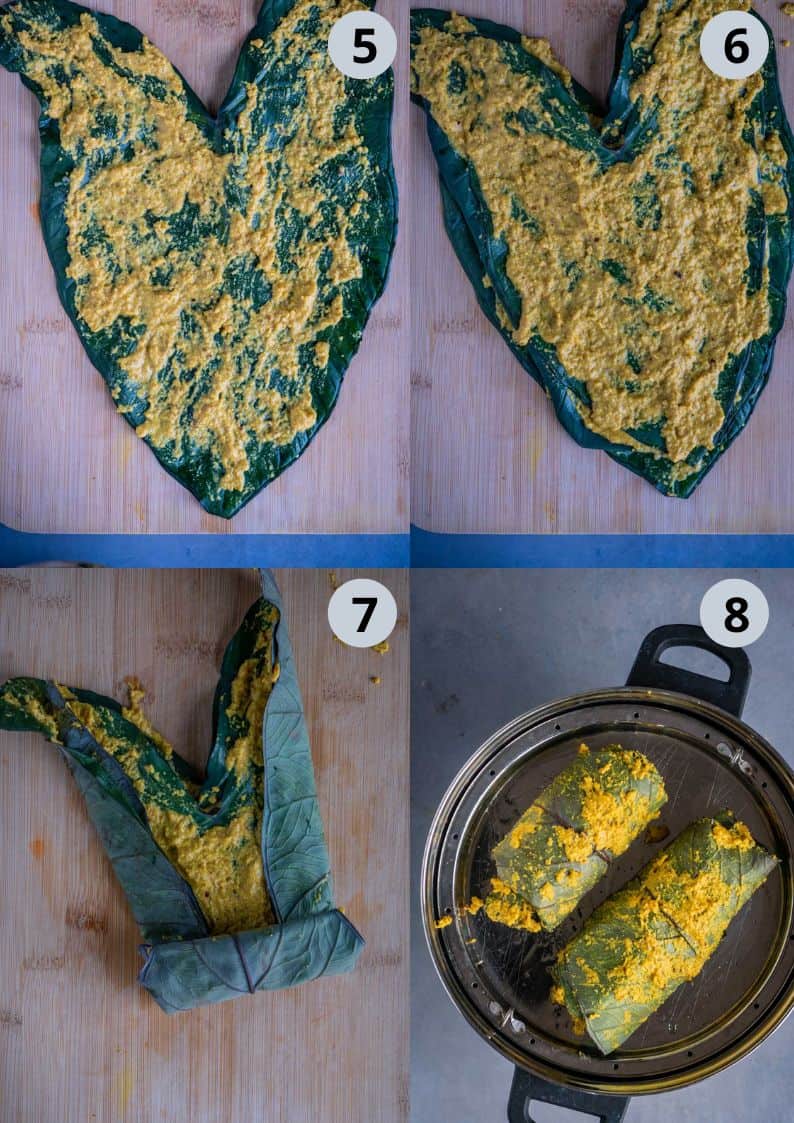 4 image collage showing how to make alu vadi using colocasia leaves